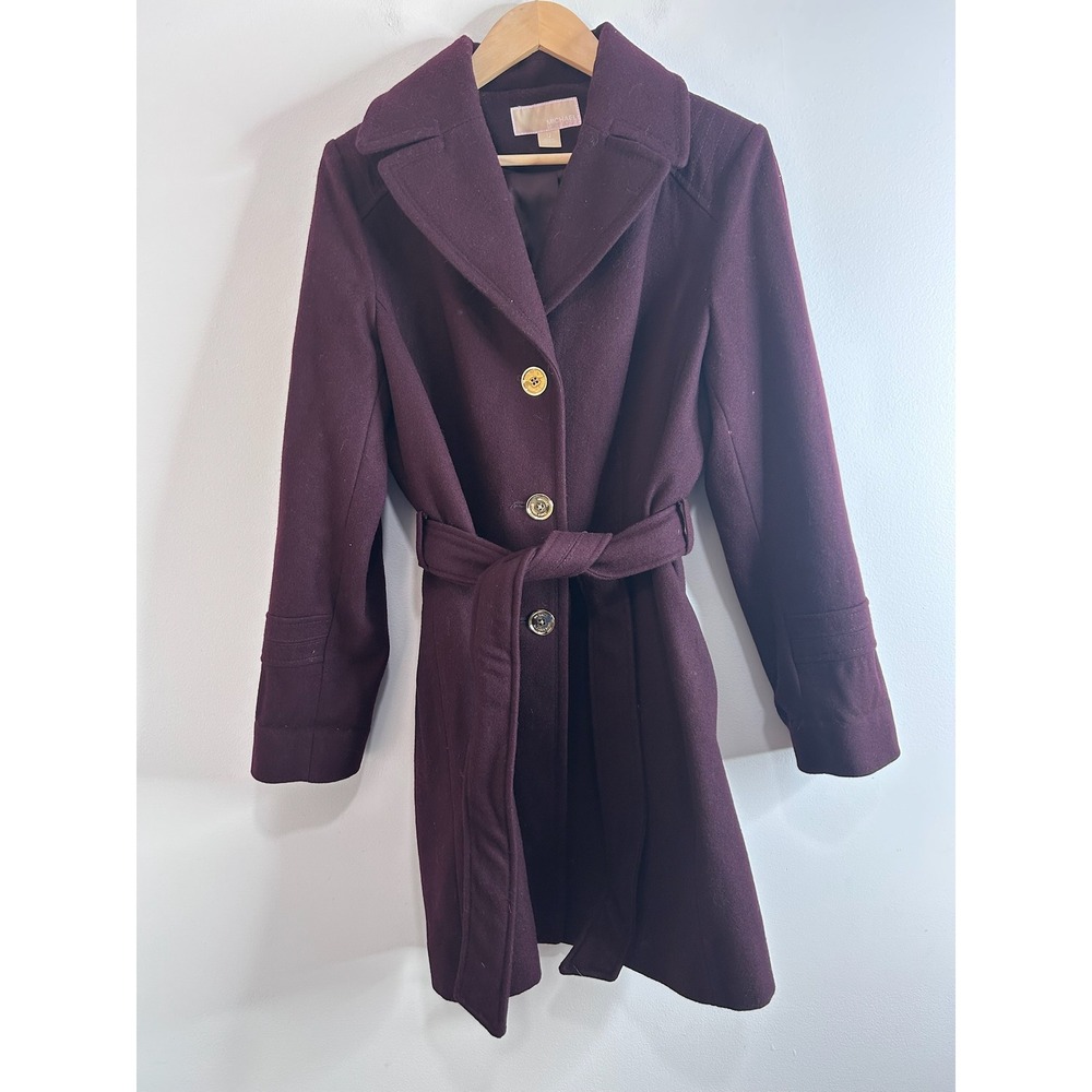 Michael Kors Plum Purple Wool Blend Belted Trench Pea Coat Sz 12 Gold‎ Buttons